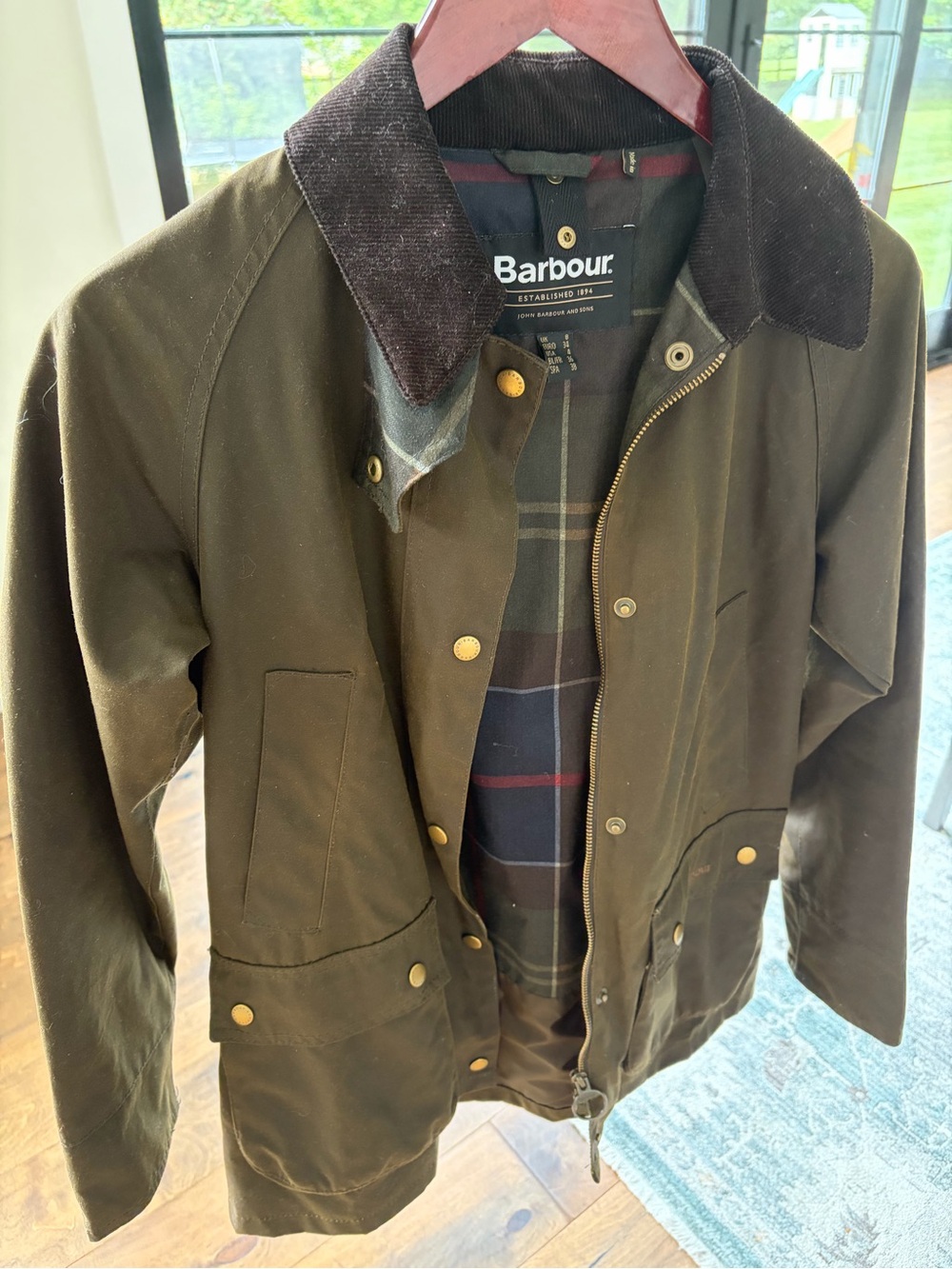 Barbour Olive Green Waxed Jacket with Corduroy Collar - Size 4